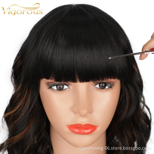 Vigorous Wavy Bob Wig with Bangs for Women Black Mixed Brown Color Synthetic Heat Resistant Fiber Hair for Black Women
